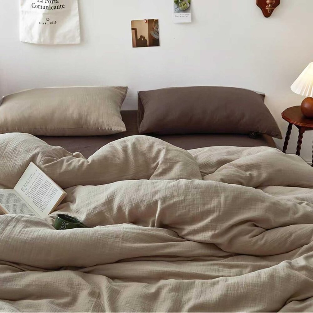 100% Cotton Double Layered Gauze Khaki Duvet Cover Set. Queen Size.